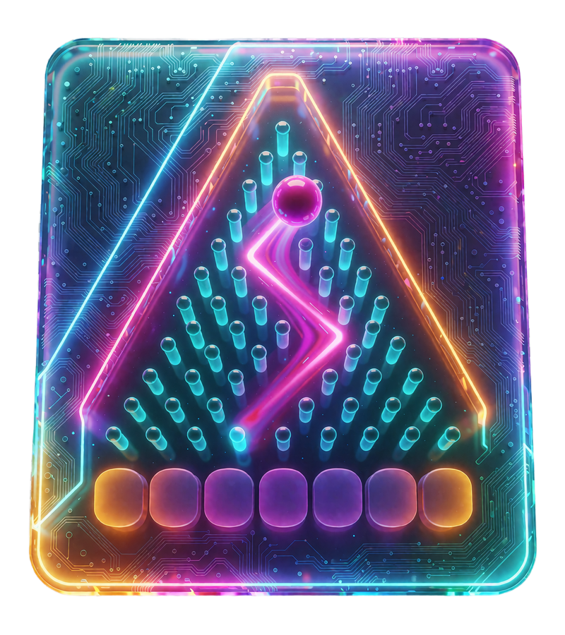 Piramida świecących kołk&oacute;w z magenta kulką spadającą zygzakiem do kieszeni - ilustracja gry Plinko