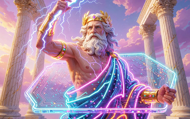 B&oacute;g piorun&oacute;w z laurowym wieńcem przed marmurową świątynią - grafika slotu Gates of Olympus w Thrill Casino
