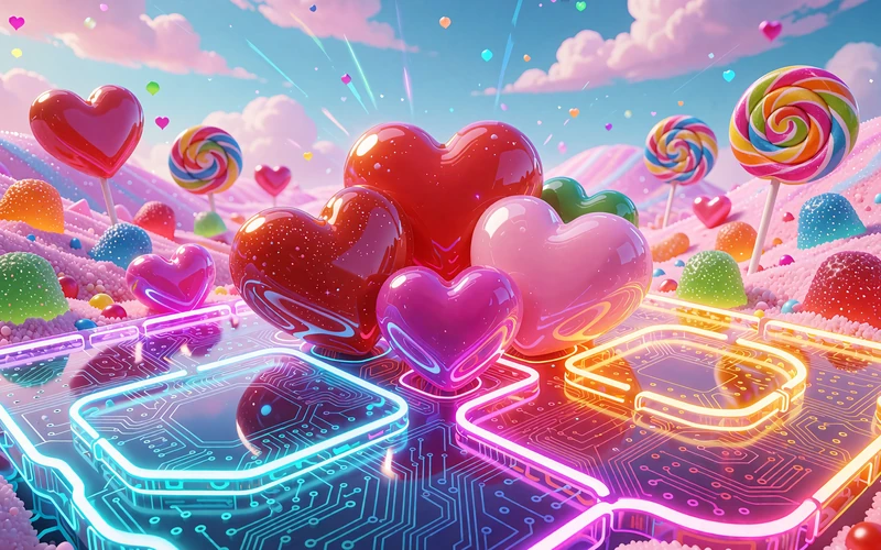 R&oacute;żowe wzg&oacute;rza pełne lizak&oacute;w i błyszczących cukierk&oacute;w w kształcie serc - grafika slotu Sweet Bonanza